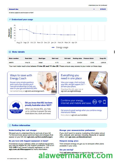 Australia AGL Gas utility bill template in Word and PDF formats, 3 pages, 3rd page